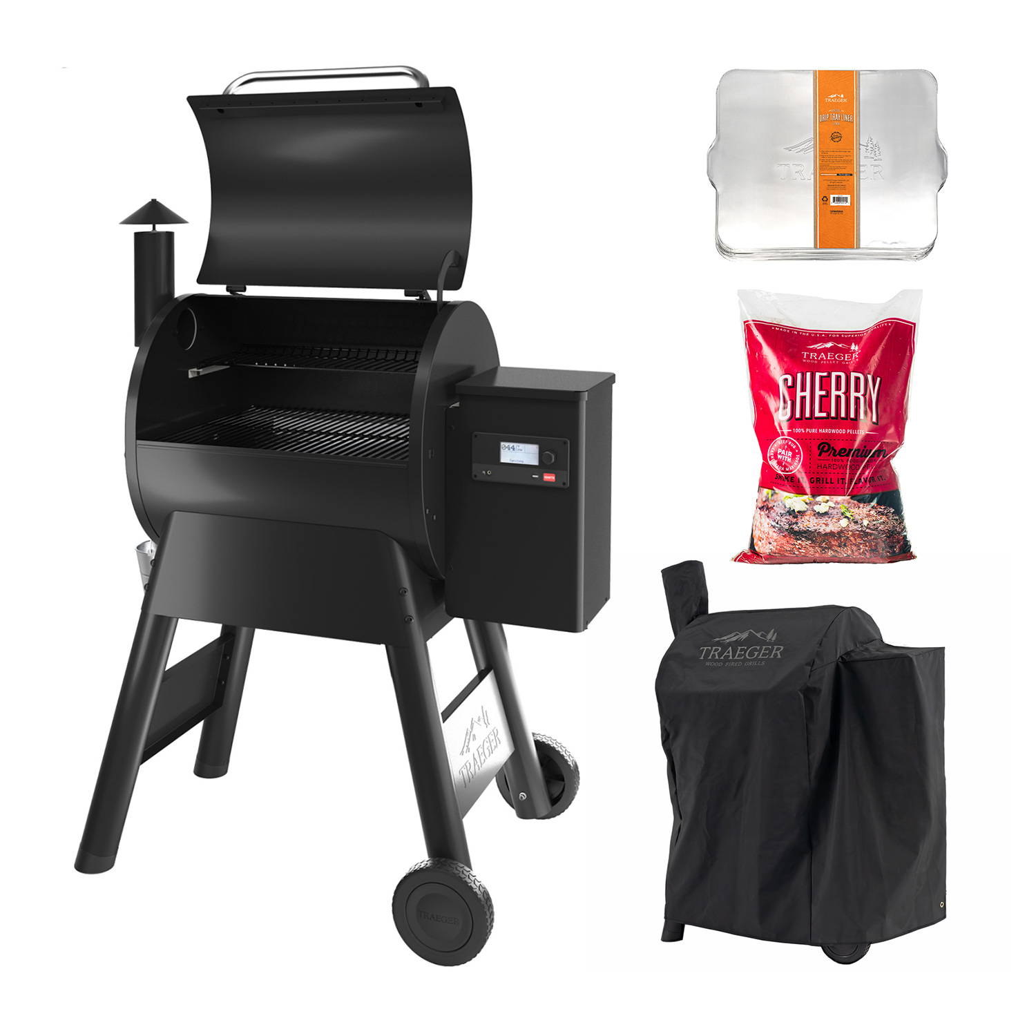 Traeger PRO D2 575 Pellet Grill schwarz inkl. Abdeckhaube, Ablaufblech-Schutzfolie + Hartholz Pellets Cherry 9 kg