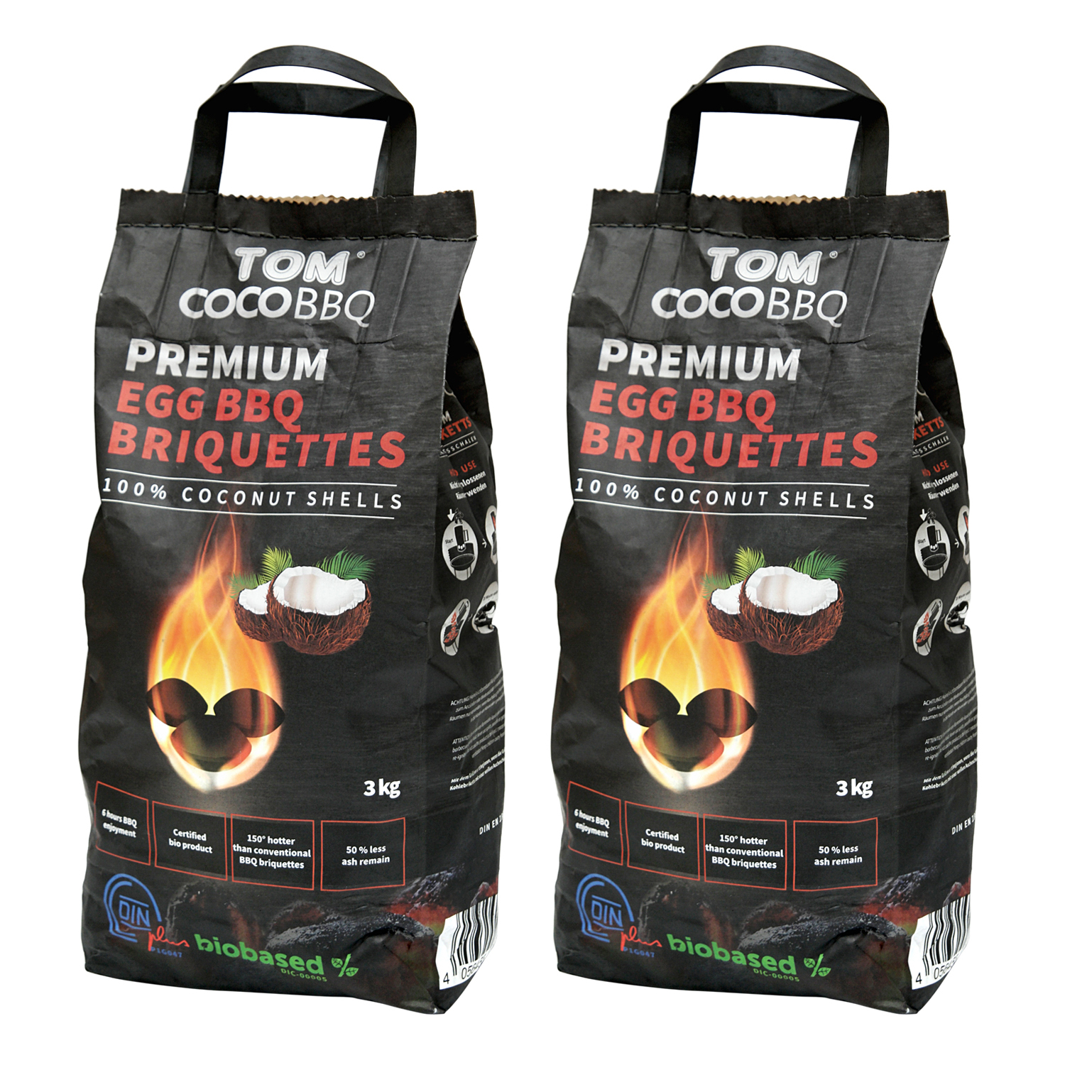 TOM COCO Grill-Kokoskohle Briketts, Eiform, 2 x 3 kg (6 kg)