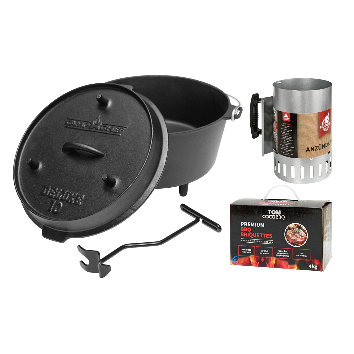 Camp Chef Deluxe Dutch Oven DO-10 mit 4 kg Tom Coco Grill-Kokoskohle Briketts und Feuergott Anzündkamin