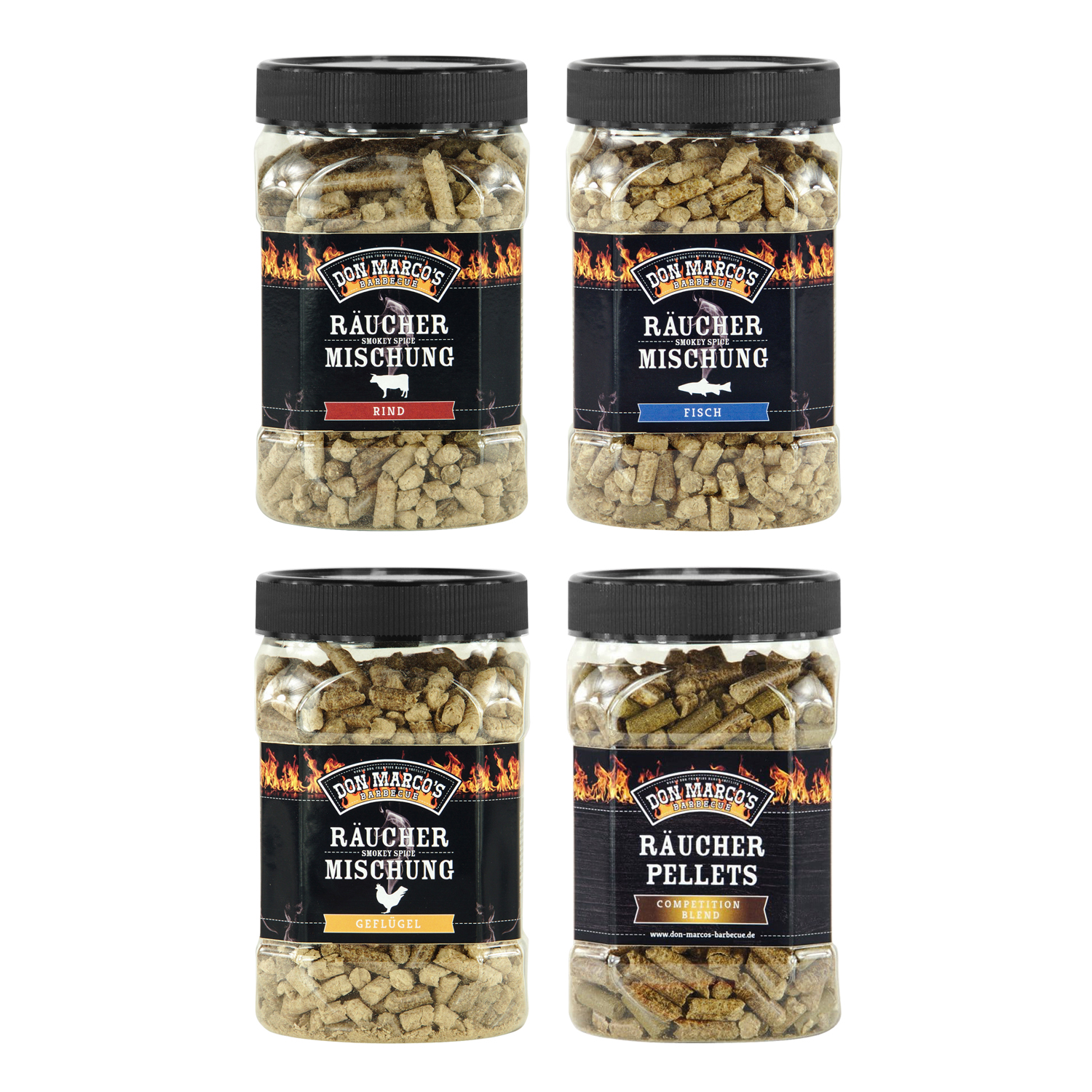 Don Marco´s Räucherpellets 4er-Set: Für Rind, für Fisch, für Geflügel und Competition Blend