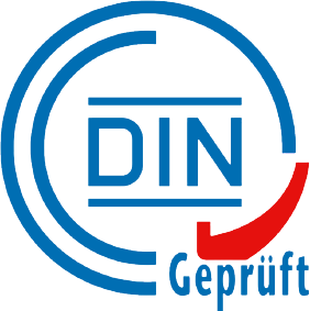 DIN-geprüft Logo in Blau und Rot