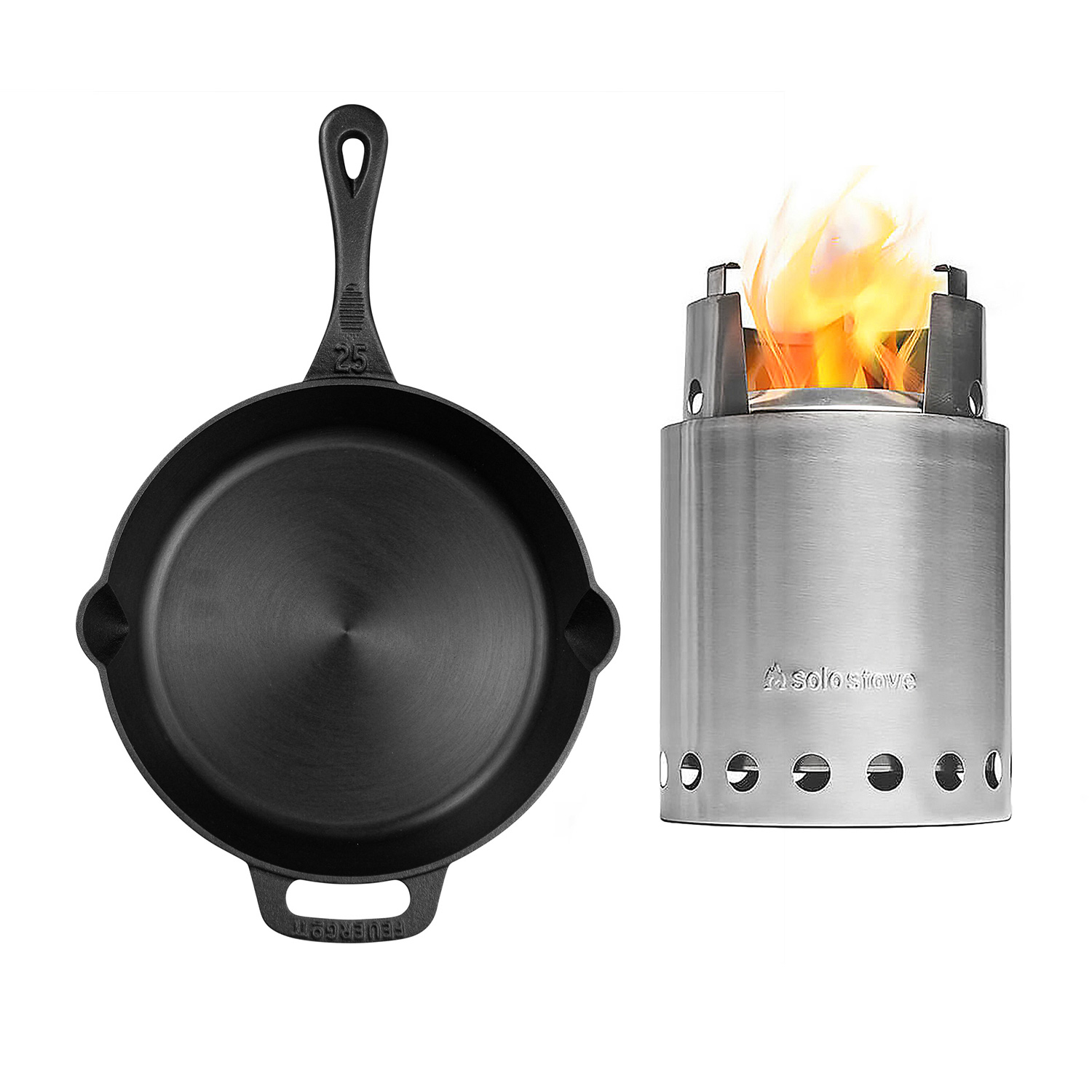 FEUERGOTT Feuerpfanne 25 mit Stiel Schwarz + Solo Stove Titan Campingkocher