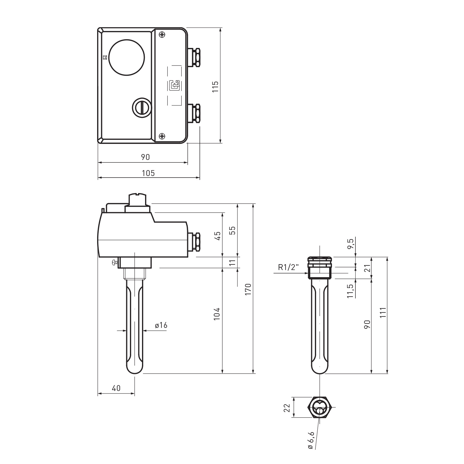 Einschraubheizung / Heizpatrone ESH 2.00 - 2 kW - 245 mm inkl. Thermostat