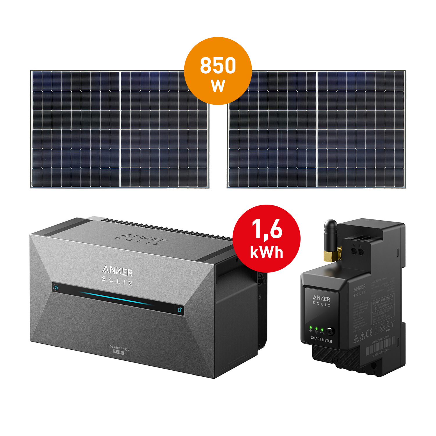 Balkonkraftwerk 850 W mit Anker SOLIX 2 E1600 PRO Speicher (2x Solarpanel 425 W)