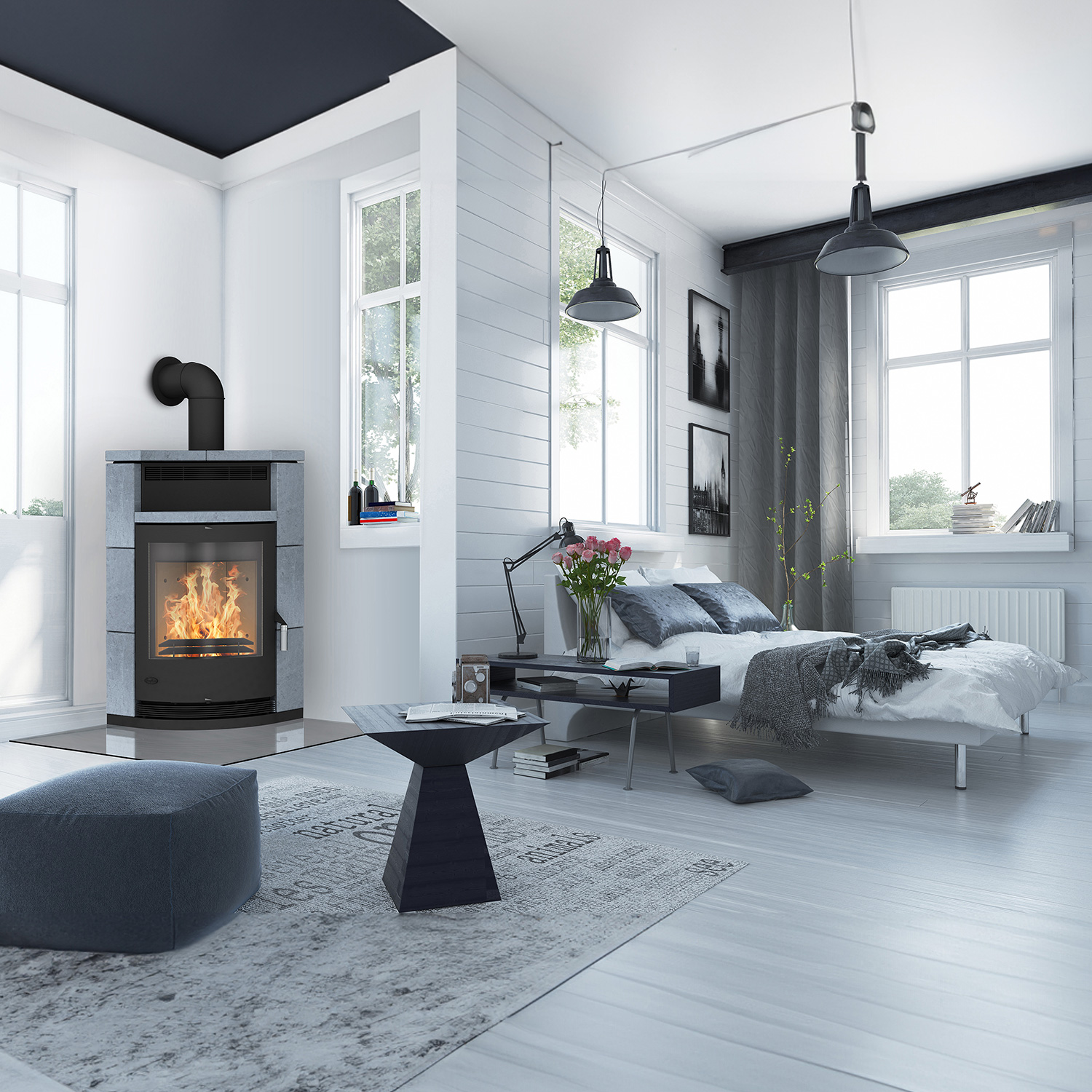 Fireplace Lyon Eckkaminofen Stahl Schwarz | Speckstein