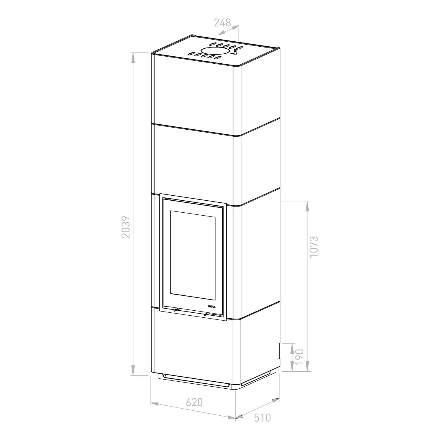 Lotus Beto 700 Plus Kaminofen Magic Tür, Topplatte Grau, Rauchabgang hinten