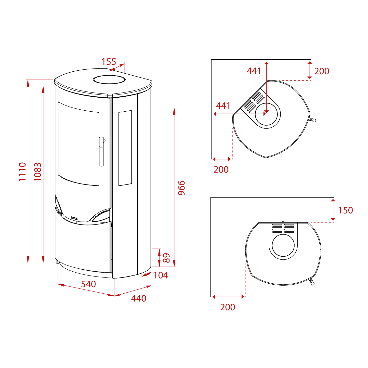 Lotus Prio 5 Kaminofen Grau, Rauchabgang hinten