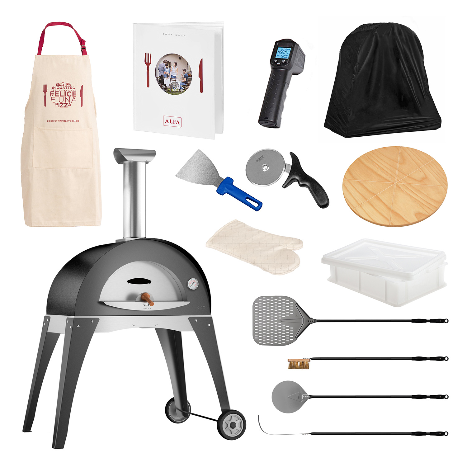 Alfa Forni Pizzaofen Ciao Grau + Abdeckhaube + Pizzaiolo-Set