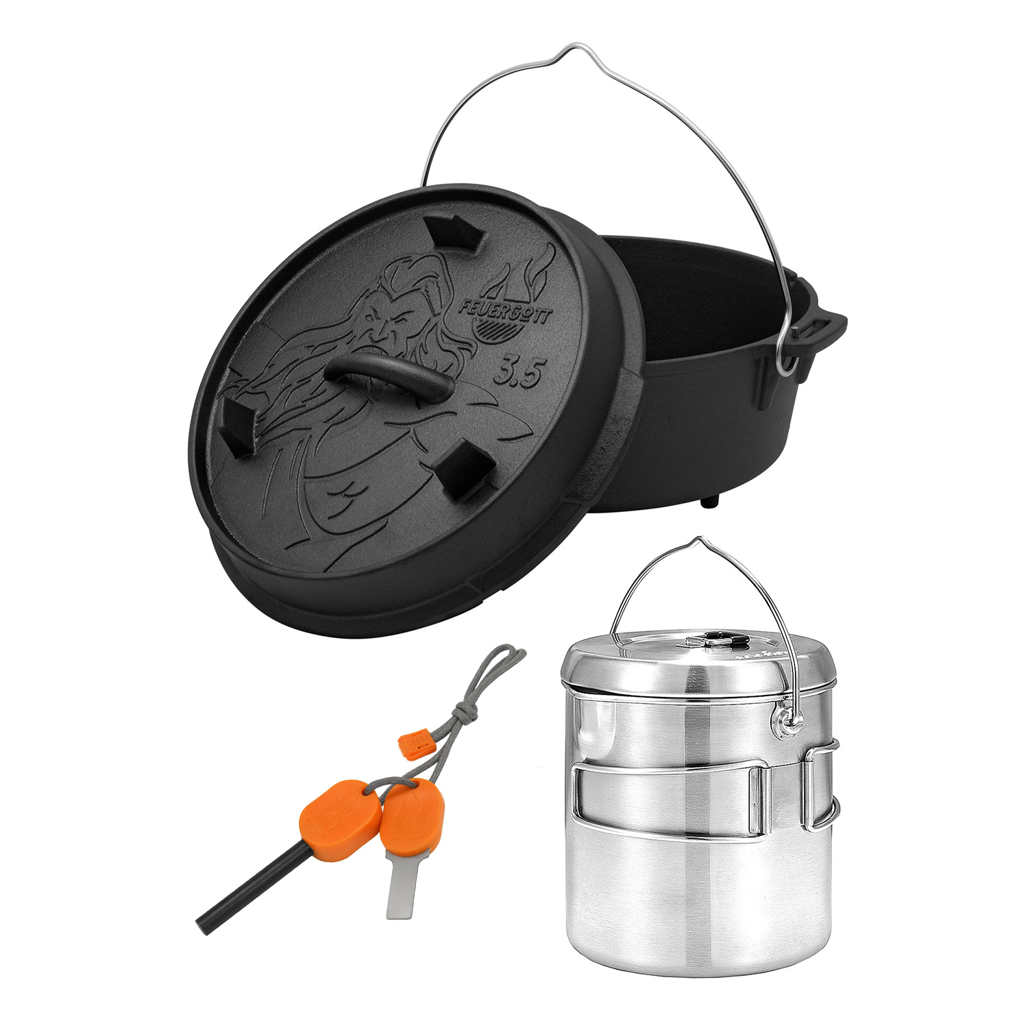 FEUERGOTT Dutch Oven 3,5 l mit Füßen + Solo Stove Pot 1800 + Feueranzünder