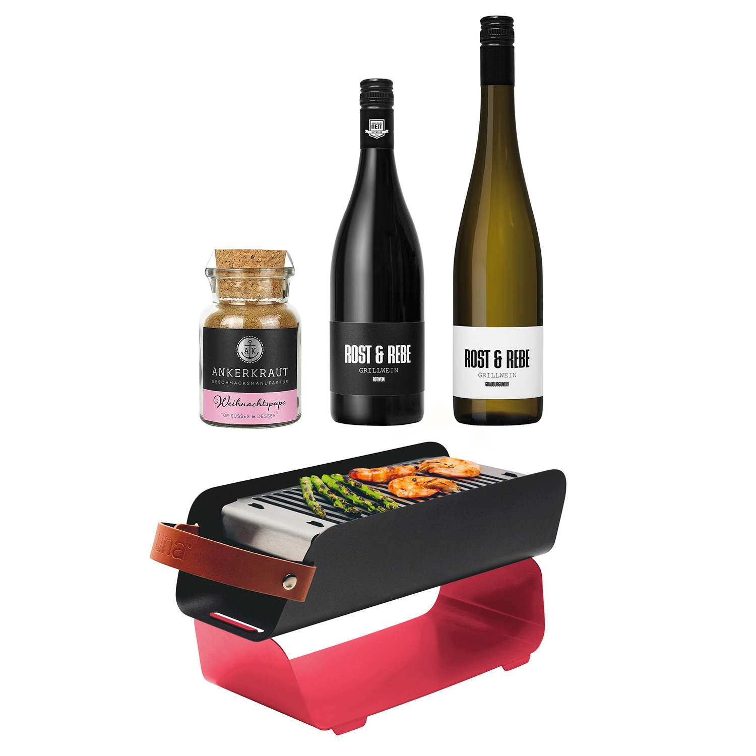 UNA Holzkohlegrill Erdbeerrot Geschenkset mit Grillwein Weiß und Rot und Ankerkraut Gewürzmischung Weihnachtspups