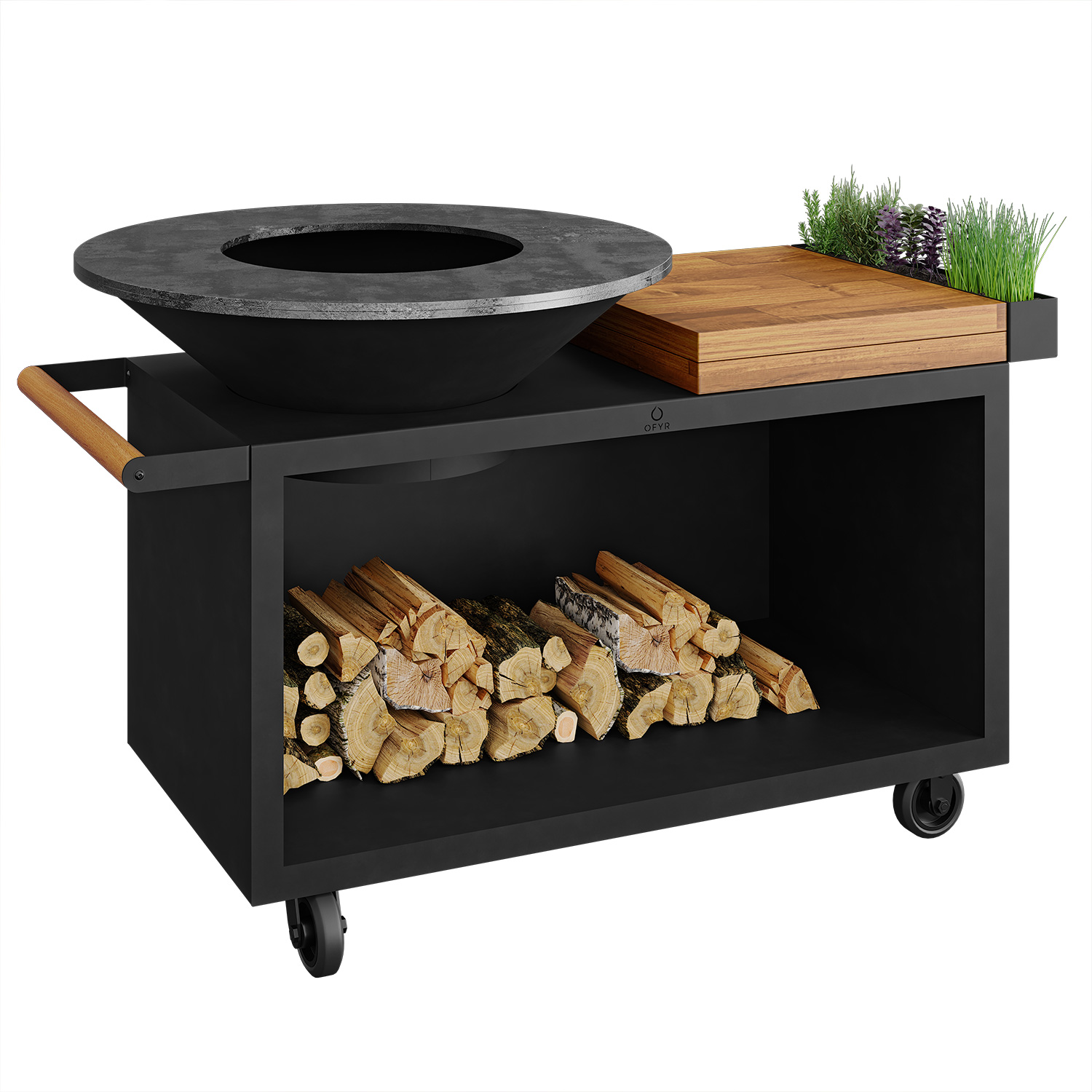 OFYR Island Black 100 PRO Grill & Feuerstelle mit Arbeitsplatte Teakholz