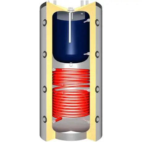 Pufferspeicher mit integrierter Brauchwasserblase und spiralförmigem Wärmetauscher.