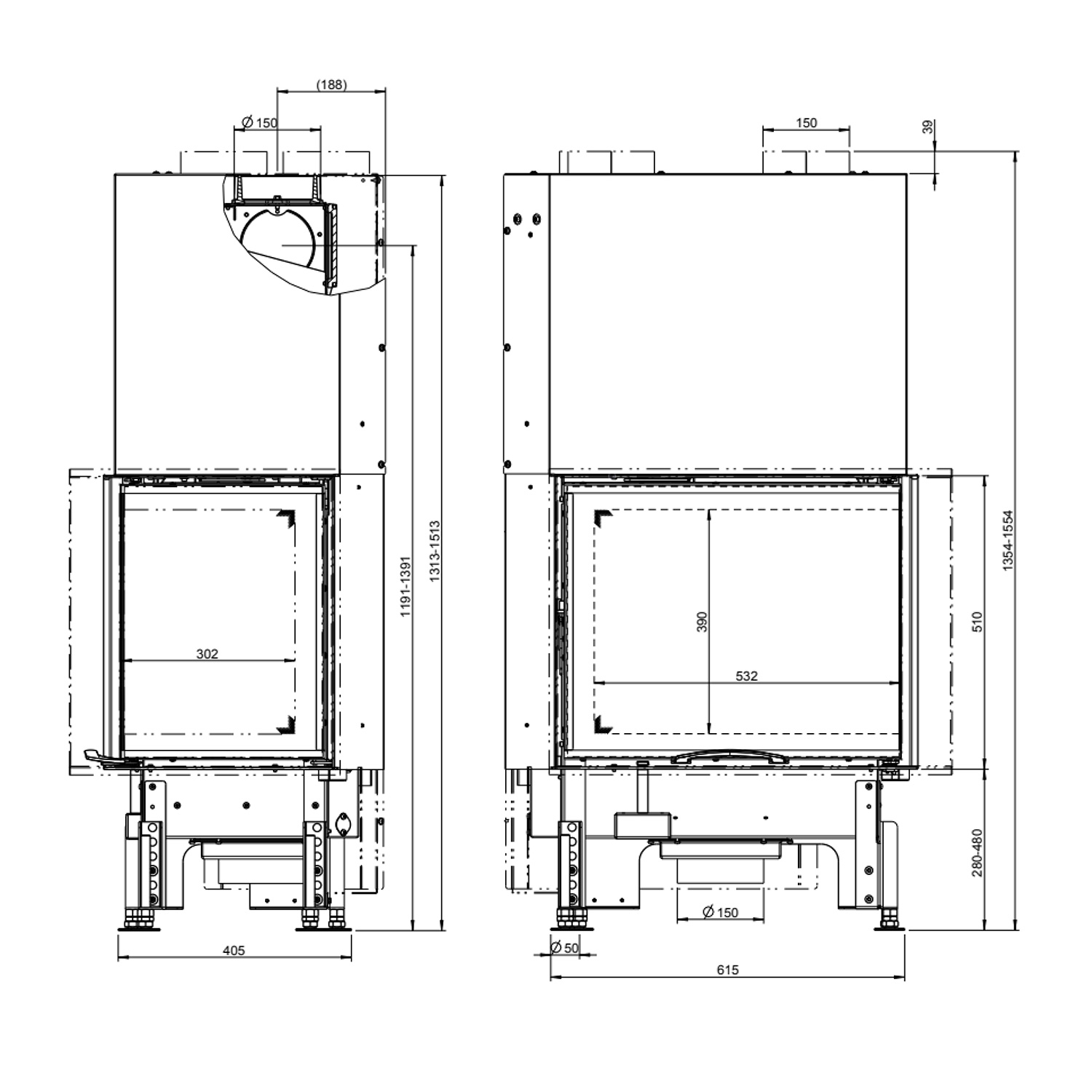 Austroflamm 63x40x51 S 2.0 Kamineinsatz Ecke rechts