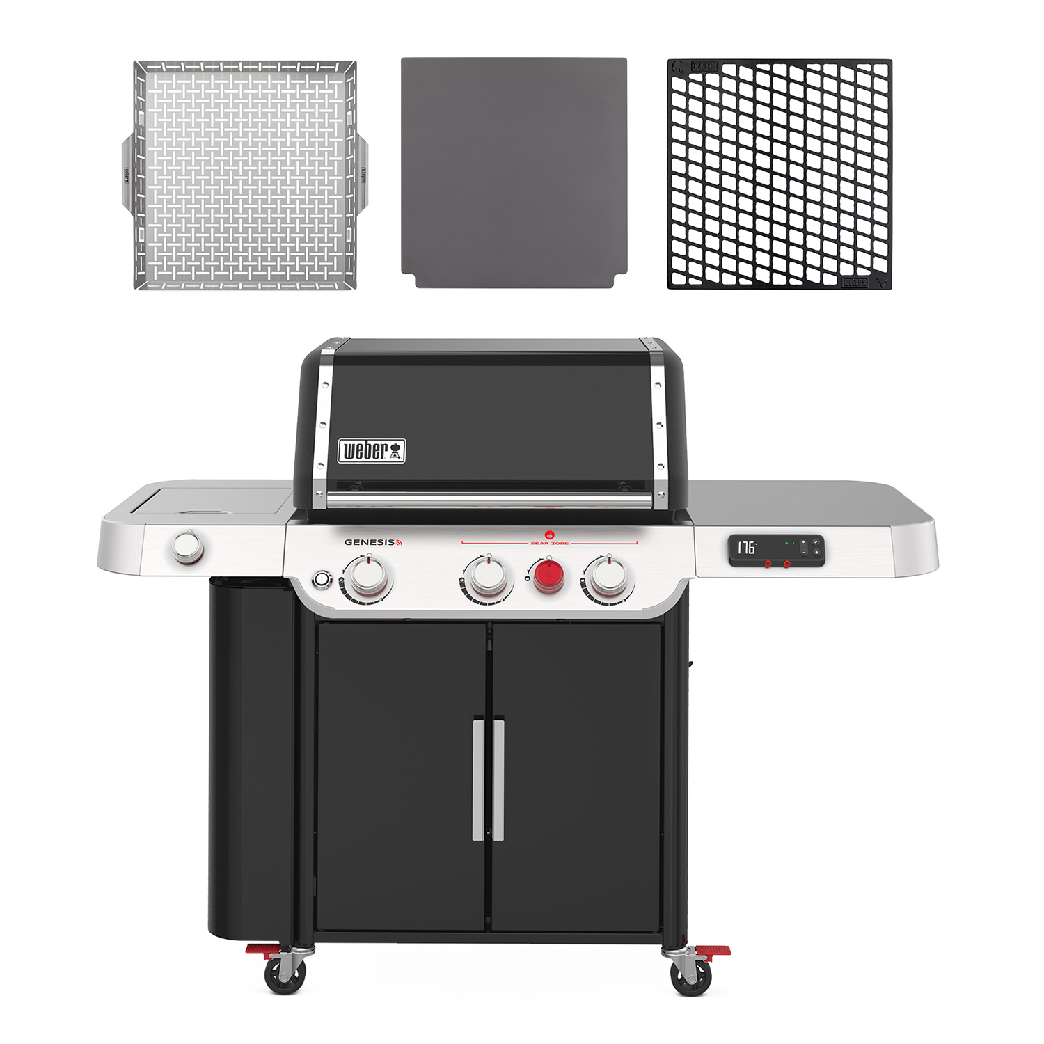 Weber Genesis EX-335 Smart Gas-Grillstation Schwarz + CRAFTED Grillkorb + CRAFTED Glasierter Pizzastein + CRAFTED Sear Grate