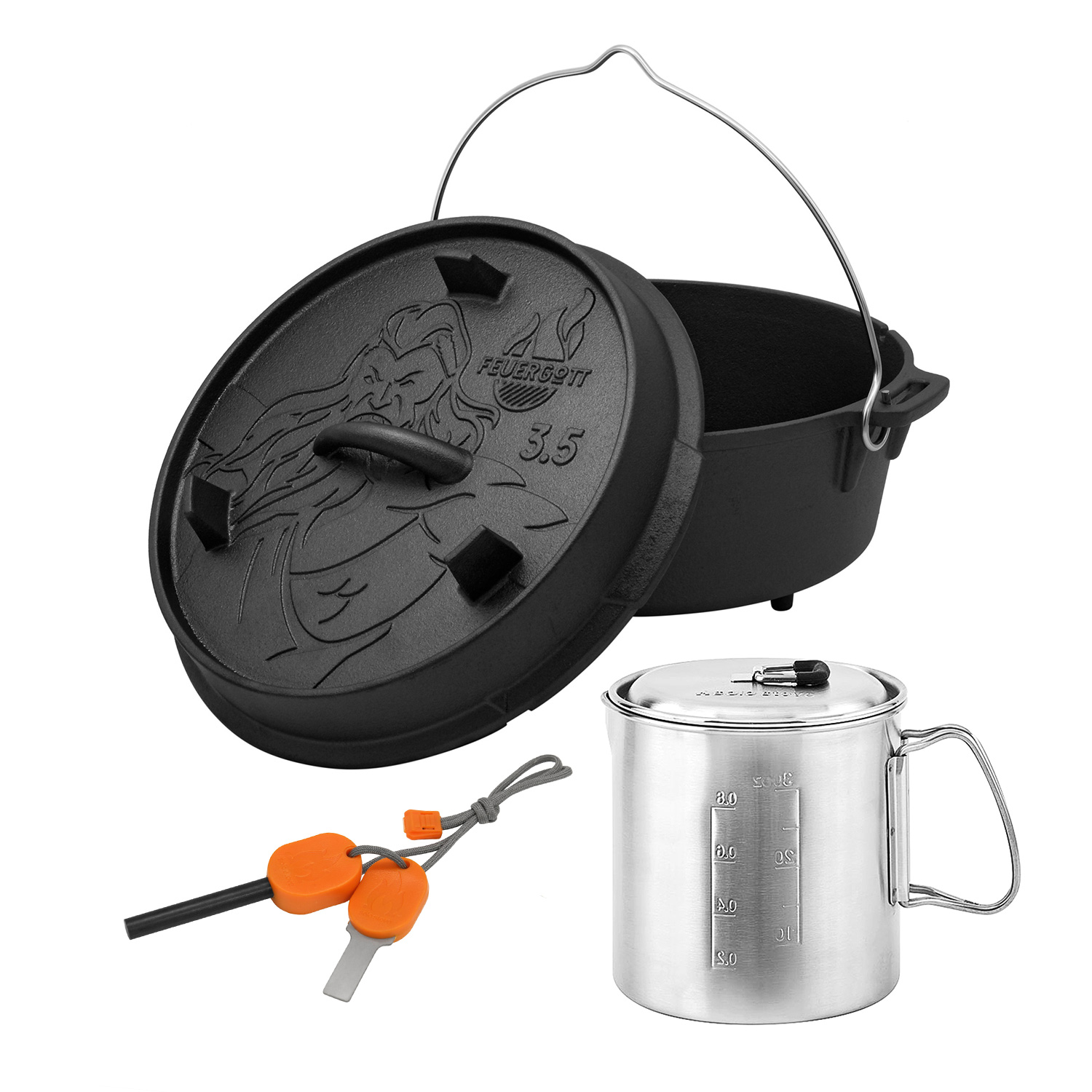 FEUERGOTT Dutch Oven 3,5 l mit Füßen + Solo Stove Pot 900 + Feueranzünder