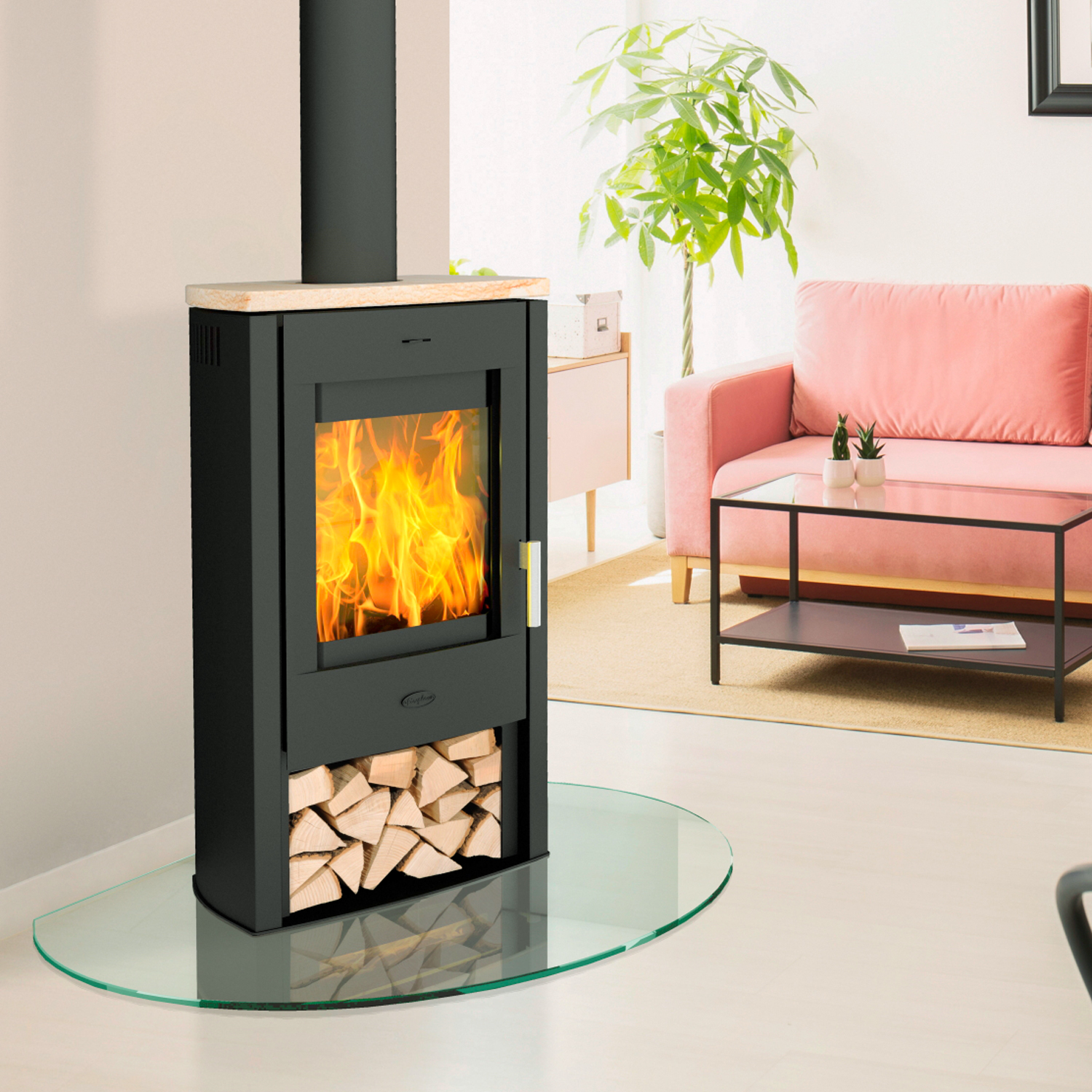 Fireplace Tuvalu Kaminofen Stahl Schwarz | Topplatte Sandstein