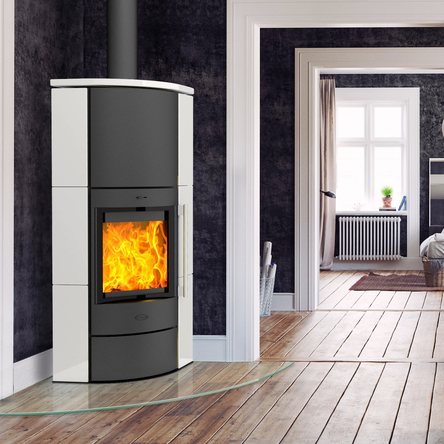 Fireplace Adelaide Eckkaminofen Stahl Schwarz | Keramik Mattweiß