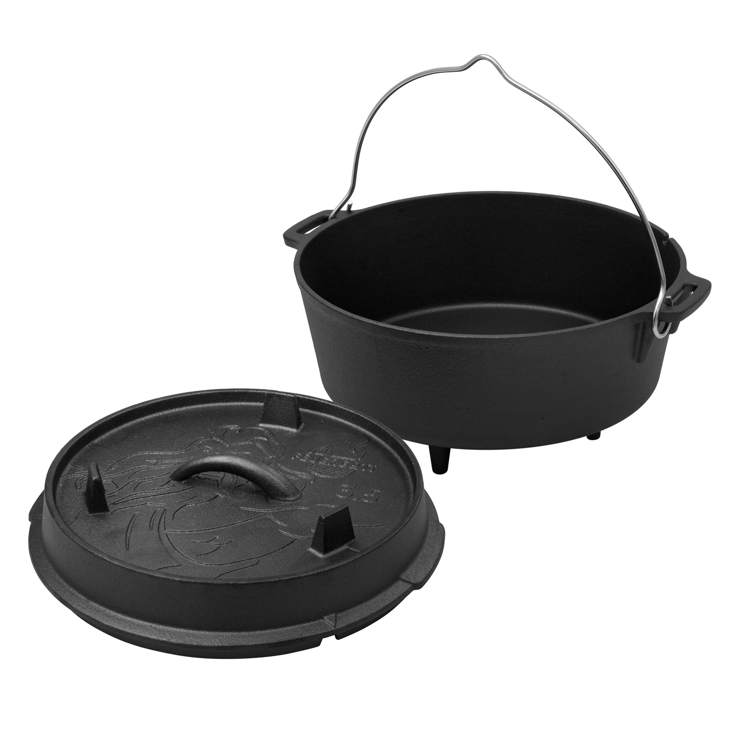 FEUERGOTT Dutch Oven 3,5 l mit Füßen + Dutch Oven 1,5 l mit Füßen + Deckelheber + Ringreiniger + Grill-Briketts