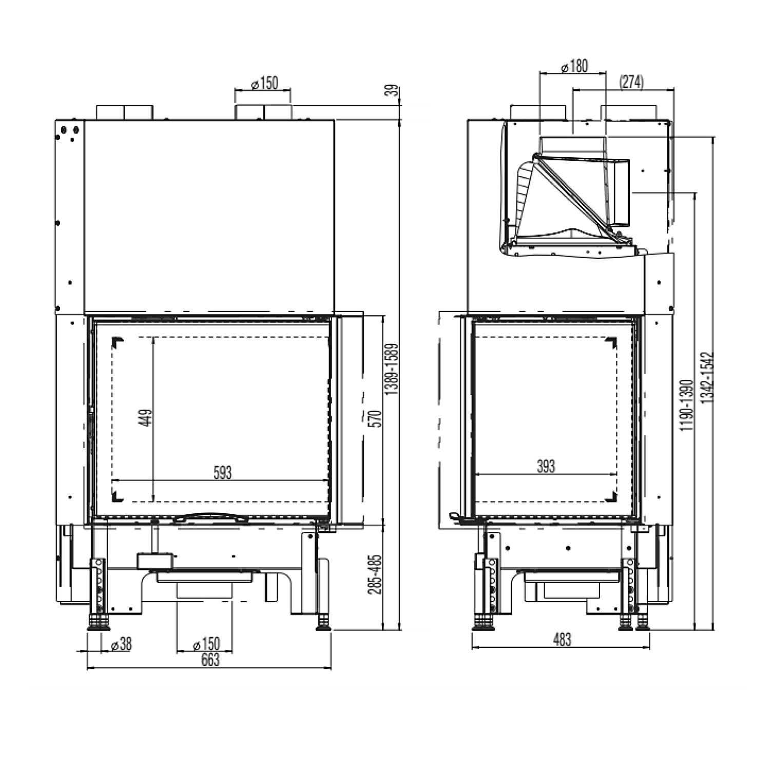 Austroflamm 69x49x57 S 2.0 Kamineinsatz Ecke rechts