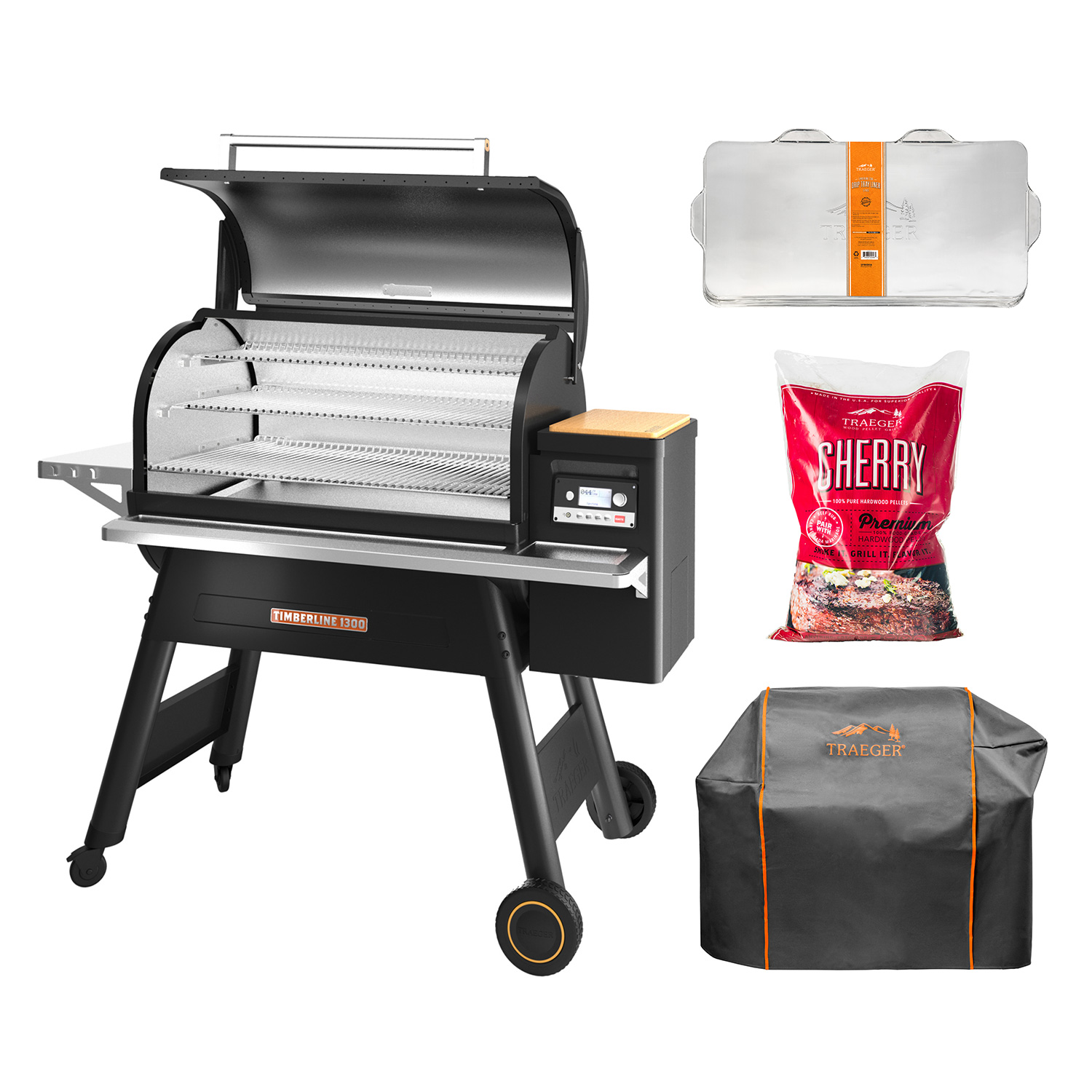 Traeger TIMBERLINE 1300 Pellet Grill schwarz inkl. Abdeckhaube, Ablaufblech-Schutzfolie + Hartholz Pellets Cherry 9 kg