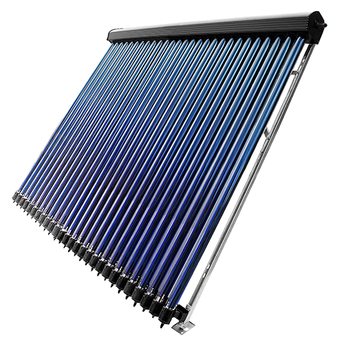 Ein Solarthermiepanel mit mehreren blauen Vakuumröhren, die in V-Form angeordnet sind