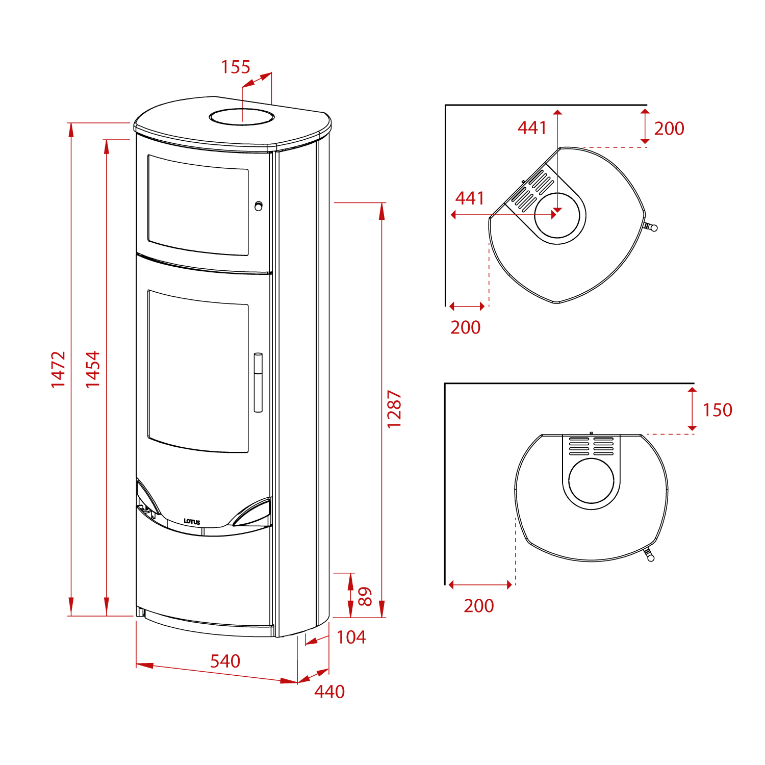 Lotus Prio 7 Kaminofen Grau / Seitenglas mit Backfach, Rauchabgang hinten