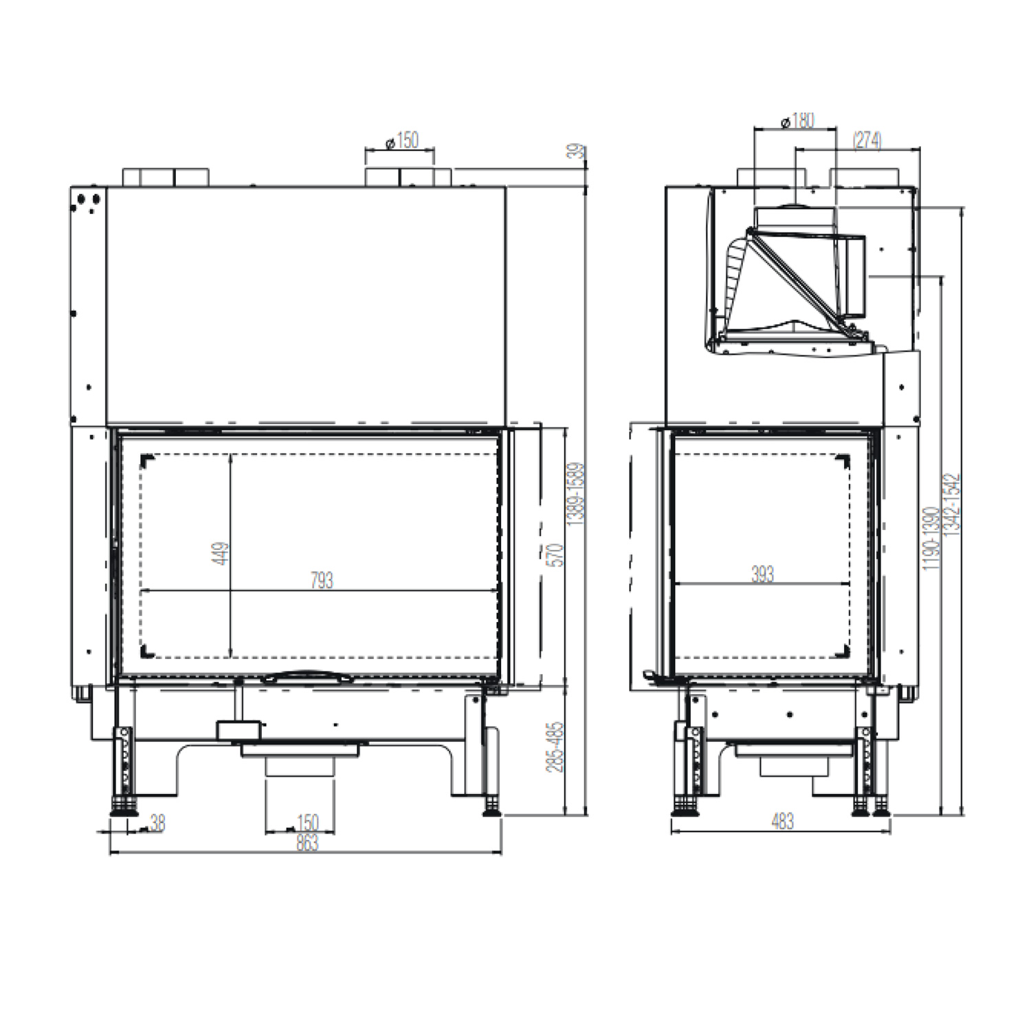 Austroflamm 89x49x57 S 2.0 Kamineinsatz Ecke rechts