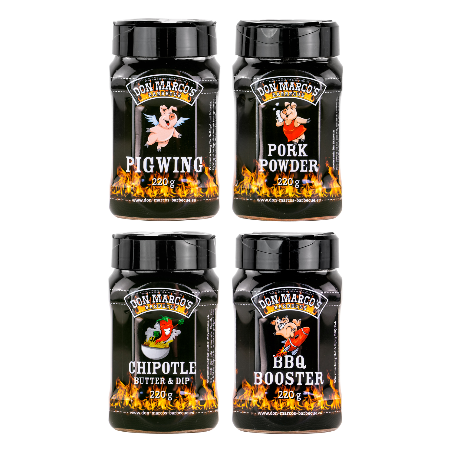 Don Marco´s Rub-Set: PigWing® Seasoning, Pork Powder, Chipotle Butter & Dip Seasoning, BBQ-Booster