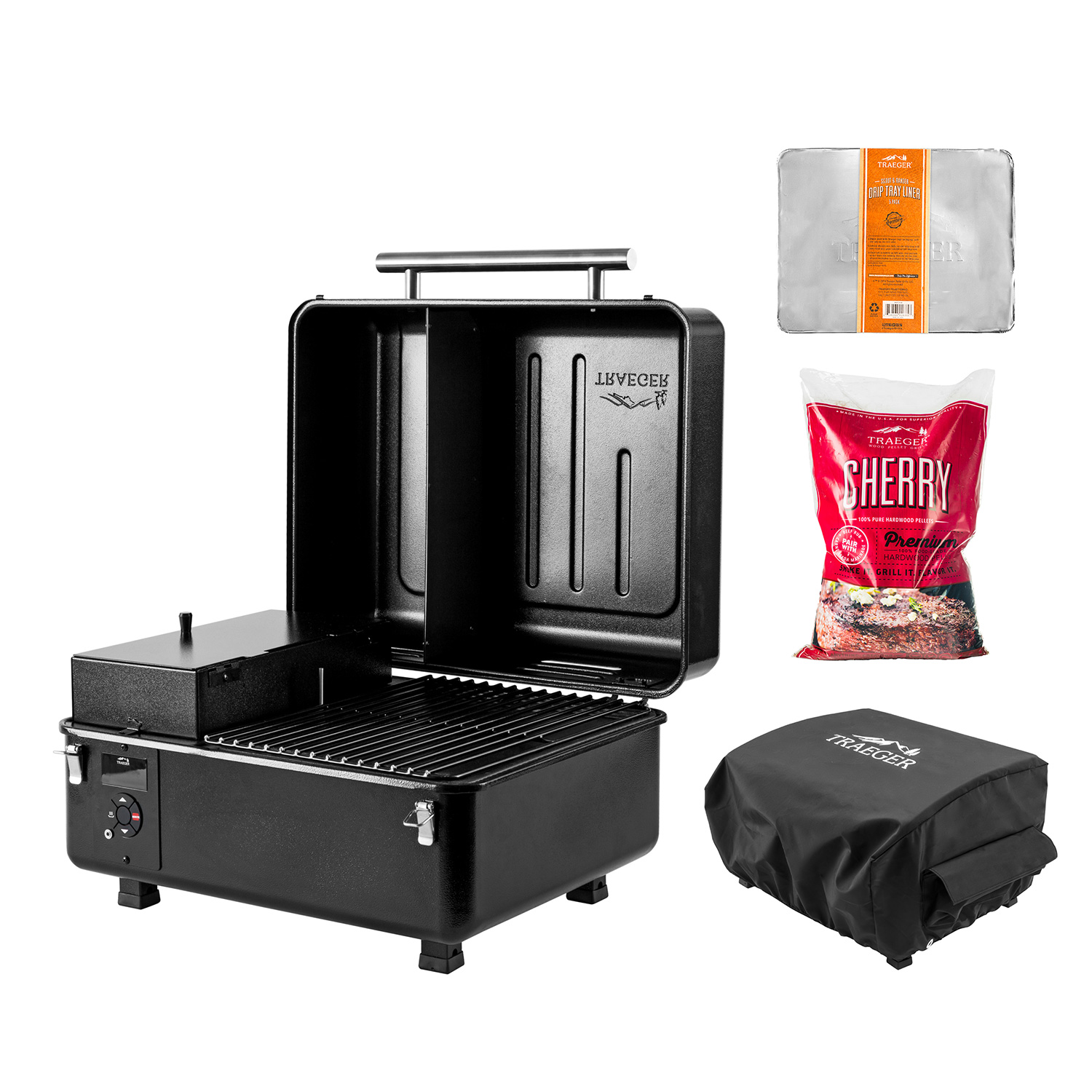 Traeger RANGER Pellet Grill inkl. Abdeckhaube, Ablaufblech-Schutzfolie + Hartholz Pellets Cherry 9 kg