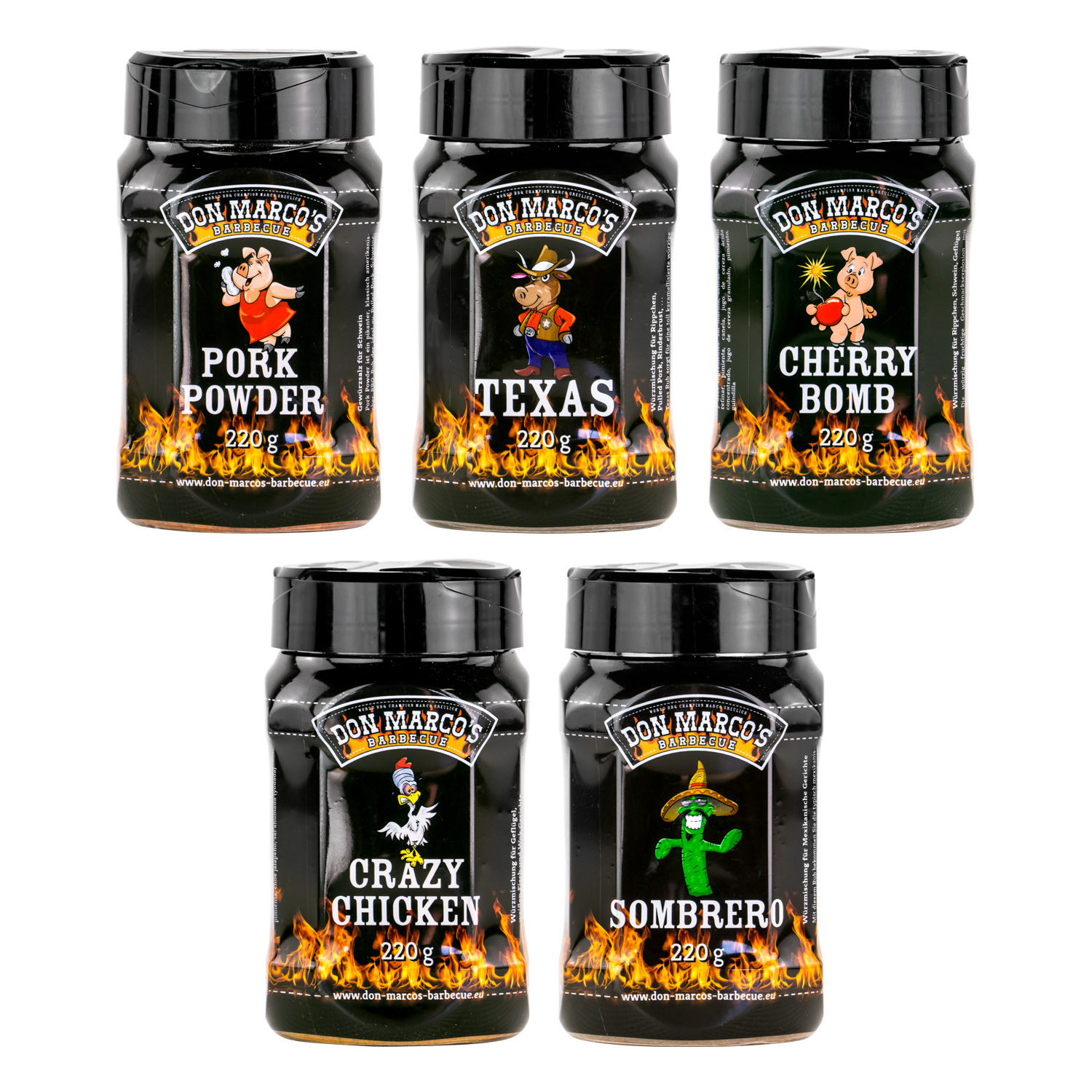 Don Marco´s Rub-Set: Pork Powder, Texas Style, Cherry Bomb, Crazy Chicken & Sombrero