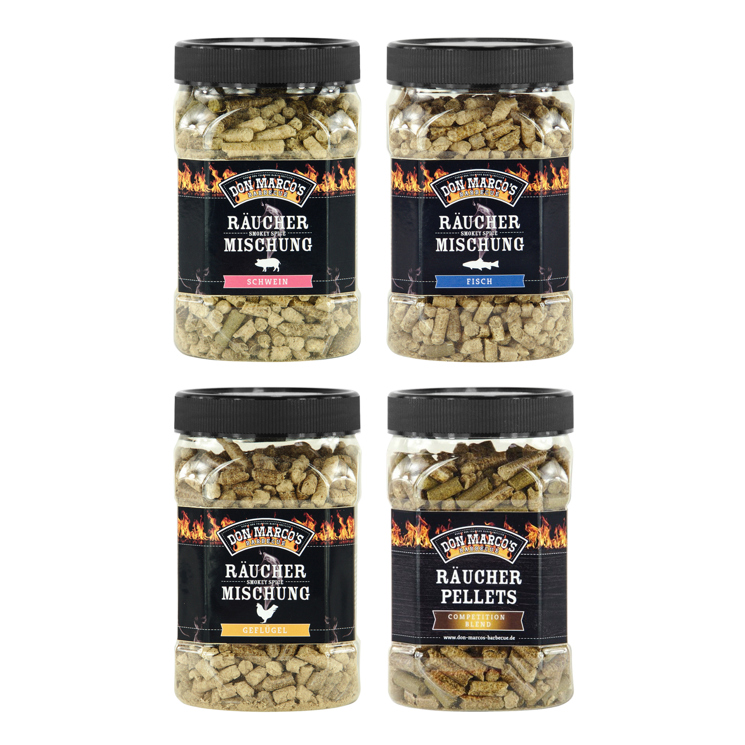 Don Marco´s Räucherpellets 4er-Set: Für Schwein, für Fisch, für Geflügel und Competition Blend